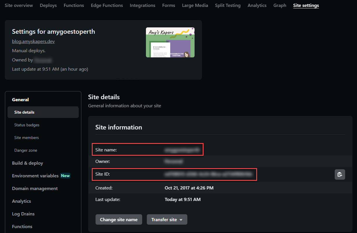 Site Settings page in Netlify showing where to find the Site name and Site ID for the settings