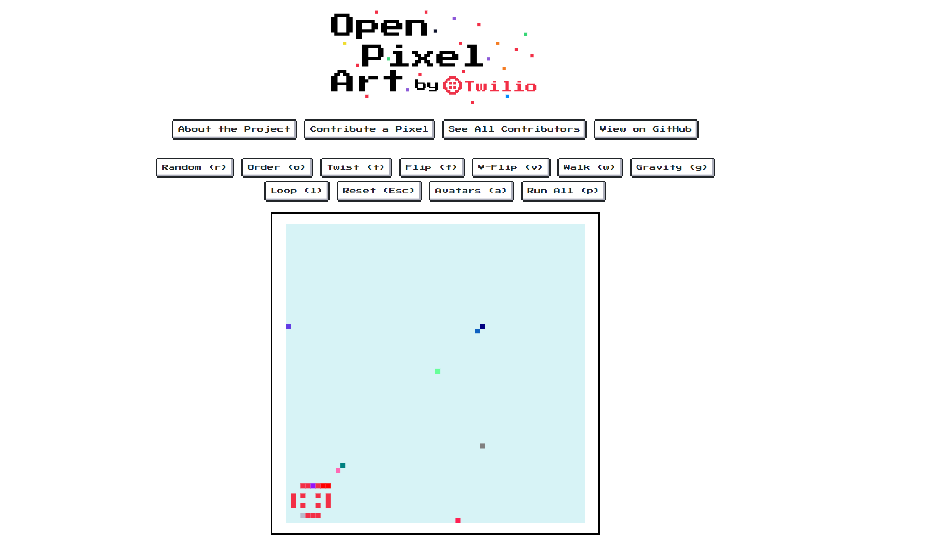 Screenshot of the Open Pixel Art Project which is a 40 by 40 pixel grid, with some of the pixels shaded a certain colour. In the bottom left corner there are a number of pixels shaded red to make the Twilio logo, a red button